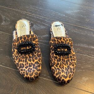 Adrianna Papell Leopard Print Mules with Black Embellishment